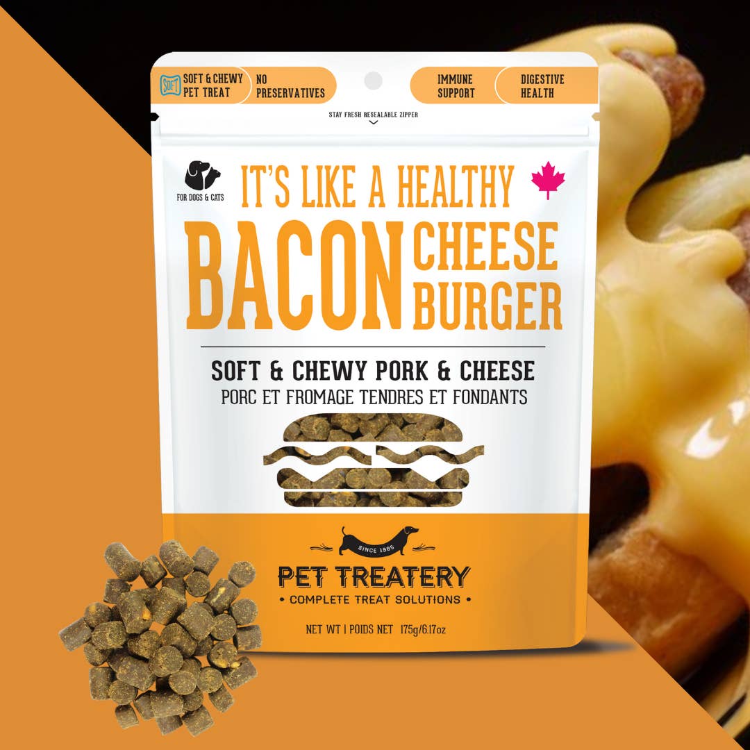 A package of Pork & Cheese Soft Dog Treats with a visual representation of the treats and cheese on a burger, indicating the product is for puppies and chewy pork and cheese. There is also a pile of kibble in front of the package, representing the treats.