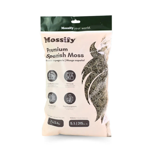 A package of Mossify Premium Spanish Moss, showing the product spilling out from a transparent bag with a green label.
