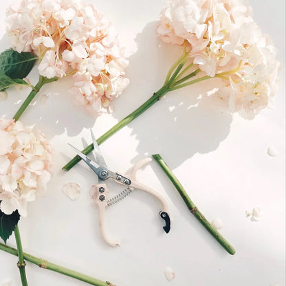 an open pair of white pruning shears resting next to cut flowers