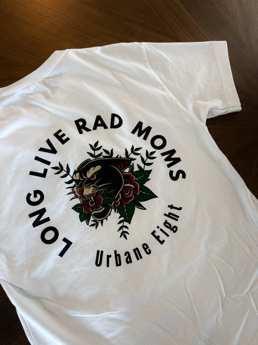 White crew neck t-shirt with the text 'LONG LIVE RAD MOMS' and a graphic of a puma and flowers, indicating a bold and rebellious theme.