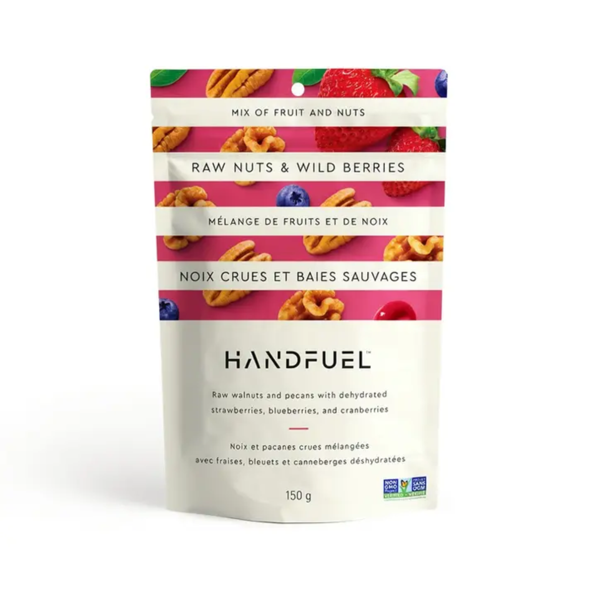 a bag of handfeul mix of fruit and nuts raw nuts and wild berries with an image of strawberries, blueberries and nuts against a white background