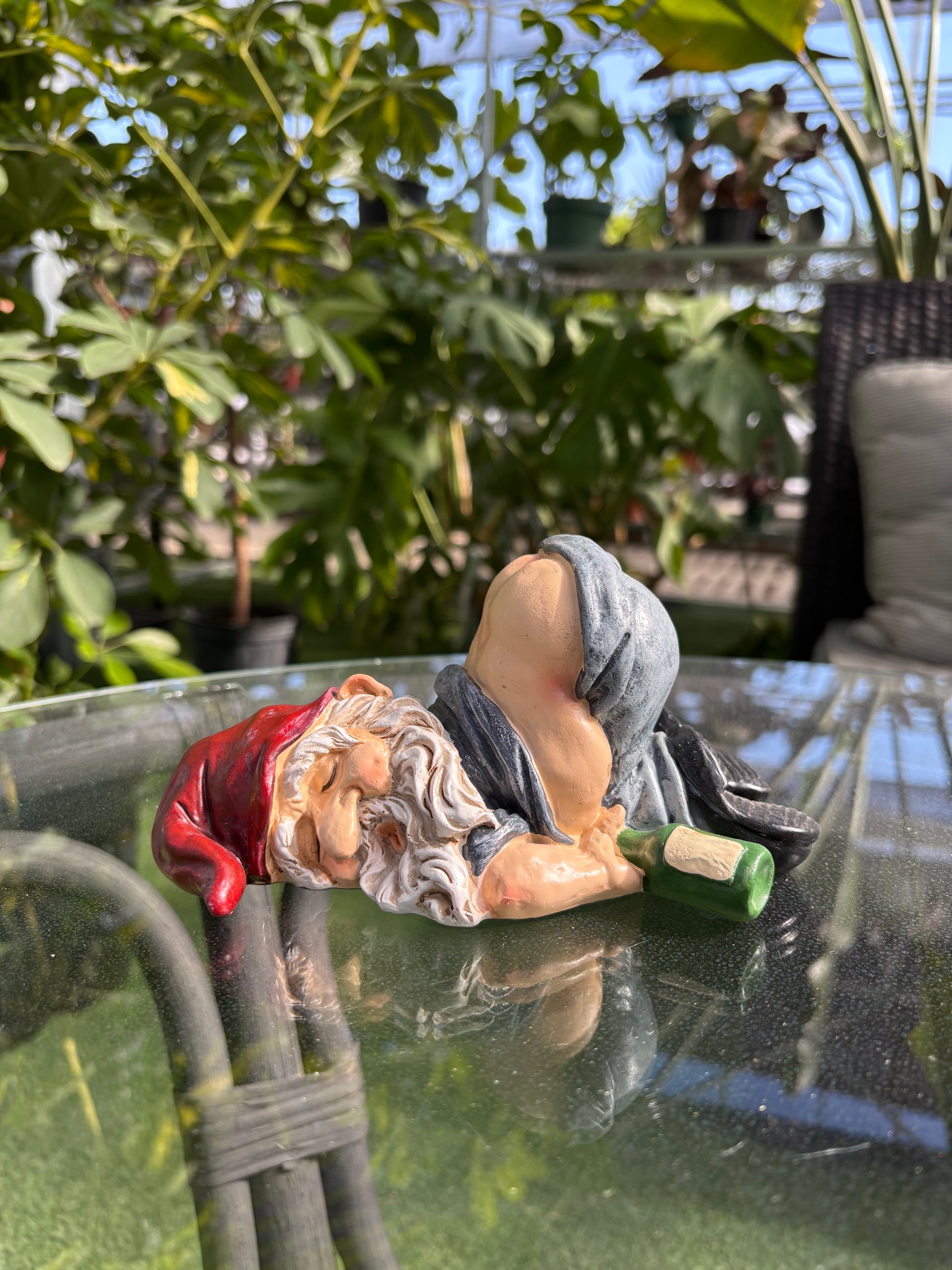 Gnome figurine on a glass table with plants in the background