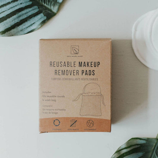A cardboard box labeled 'Reusable Makeup Remover Pads' by Urban Eight, with an illustration of a makeup bag on the front, placed on a white surface.