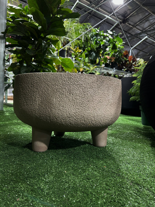 A beige round low planter with molded legs, containing a green plant, displayed on artificial grass inside a greenhouse.