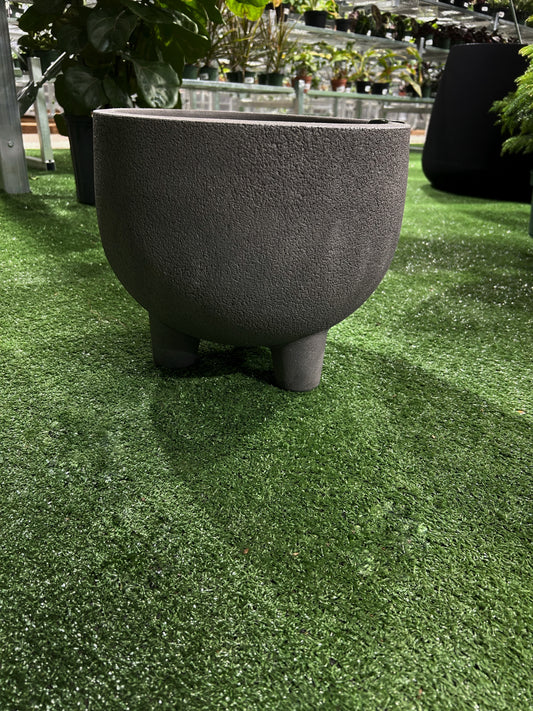 “Rustic round planter black matte ceramic with legs 