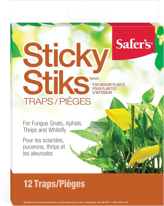 Packaging for Safer's Sticky Stiks Fungus Gnat Traps showing the product name and the number of traps included, against a green and white color background.