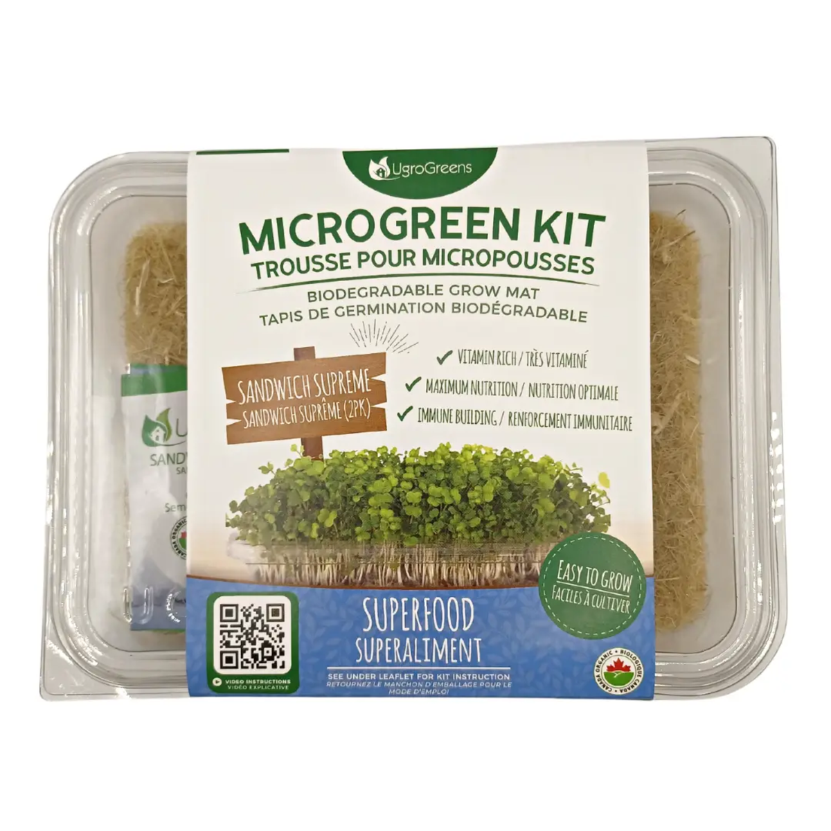 a clear container labeled micro green kit biodegradable grow mat containing sandwich supreme micro greens with the package resting against the white background