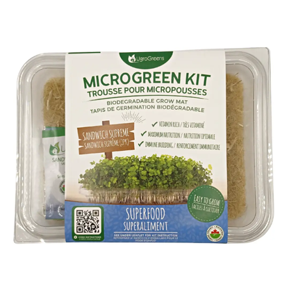 a clear container labeled micro green kit biodegradable grow mat containing sandwich supreme micro greens with the package resting against the white background