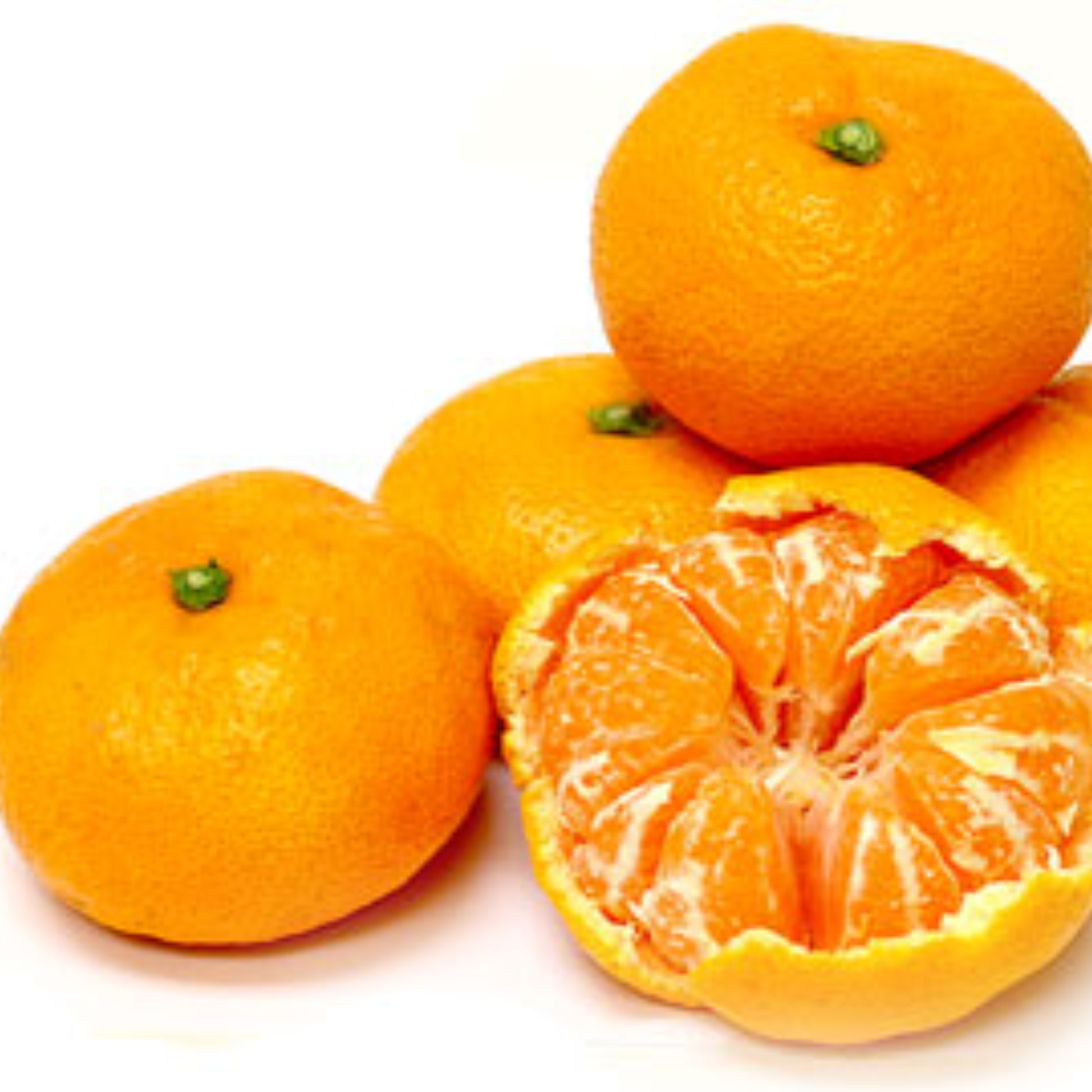 a pile of satsuma tangerines with one pealed open with a white background
