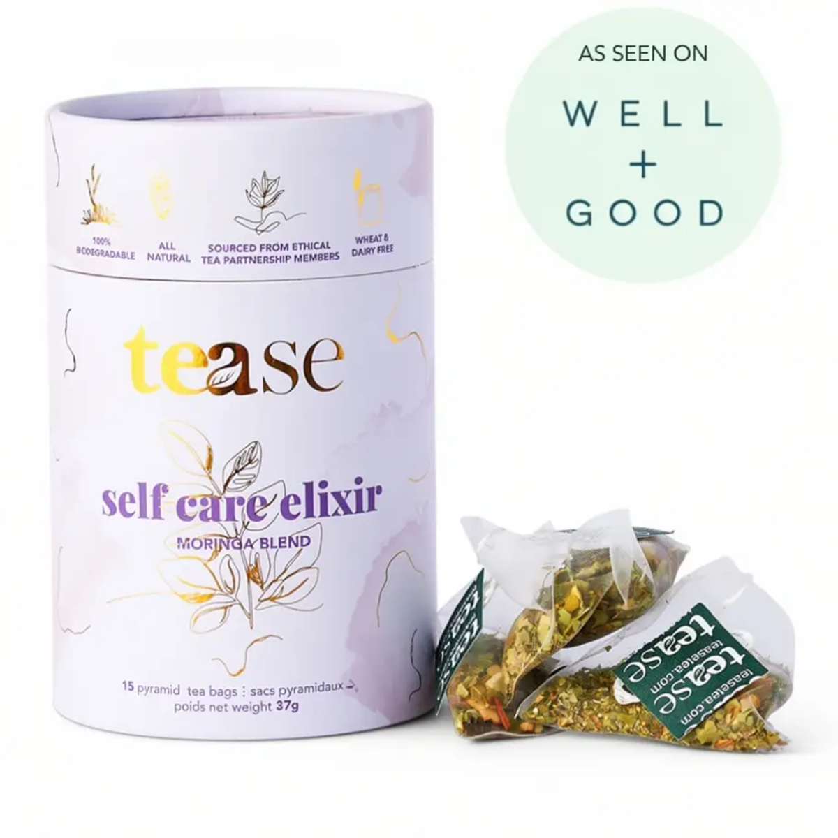 a purple tin labelled tease self care elixir morning blend with three tea bags next to it with a white background