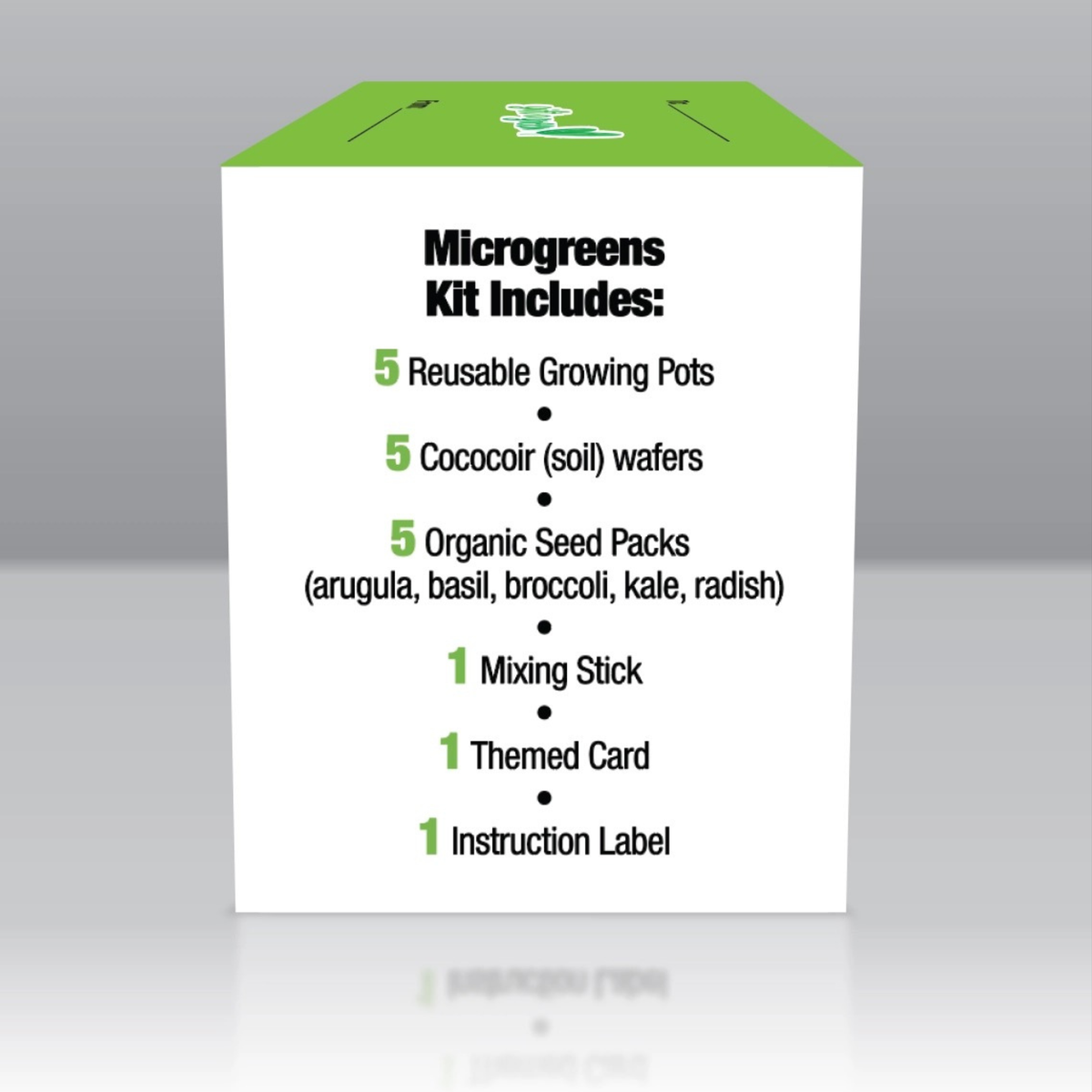 an image of the other side of the microgreen gift box that says the gift box includes 5 reusable grow pots, 5 cococoir wafers, 5 organic seed packs, 1 mixing stick, 1 themed card, 1 instruction label.