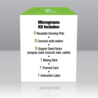 an image of the other side of the microgreen gift box that says the gift box includes 5 reusable grow pots, 5 cococoir wafers, 5 organic seed packs, 1 mixing stick, 1 themed card, 1 instruction label.