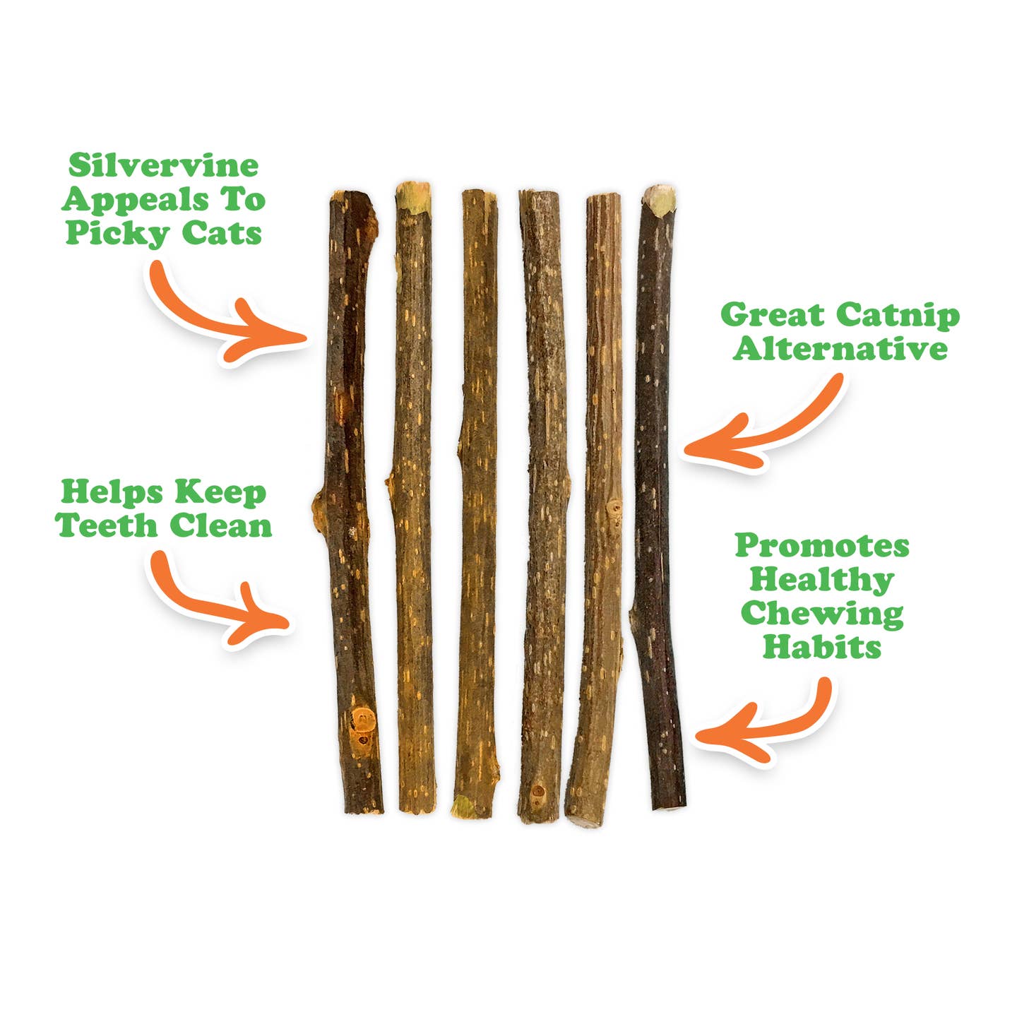 six silver vine cat chew sticks laid out on a white surface