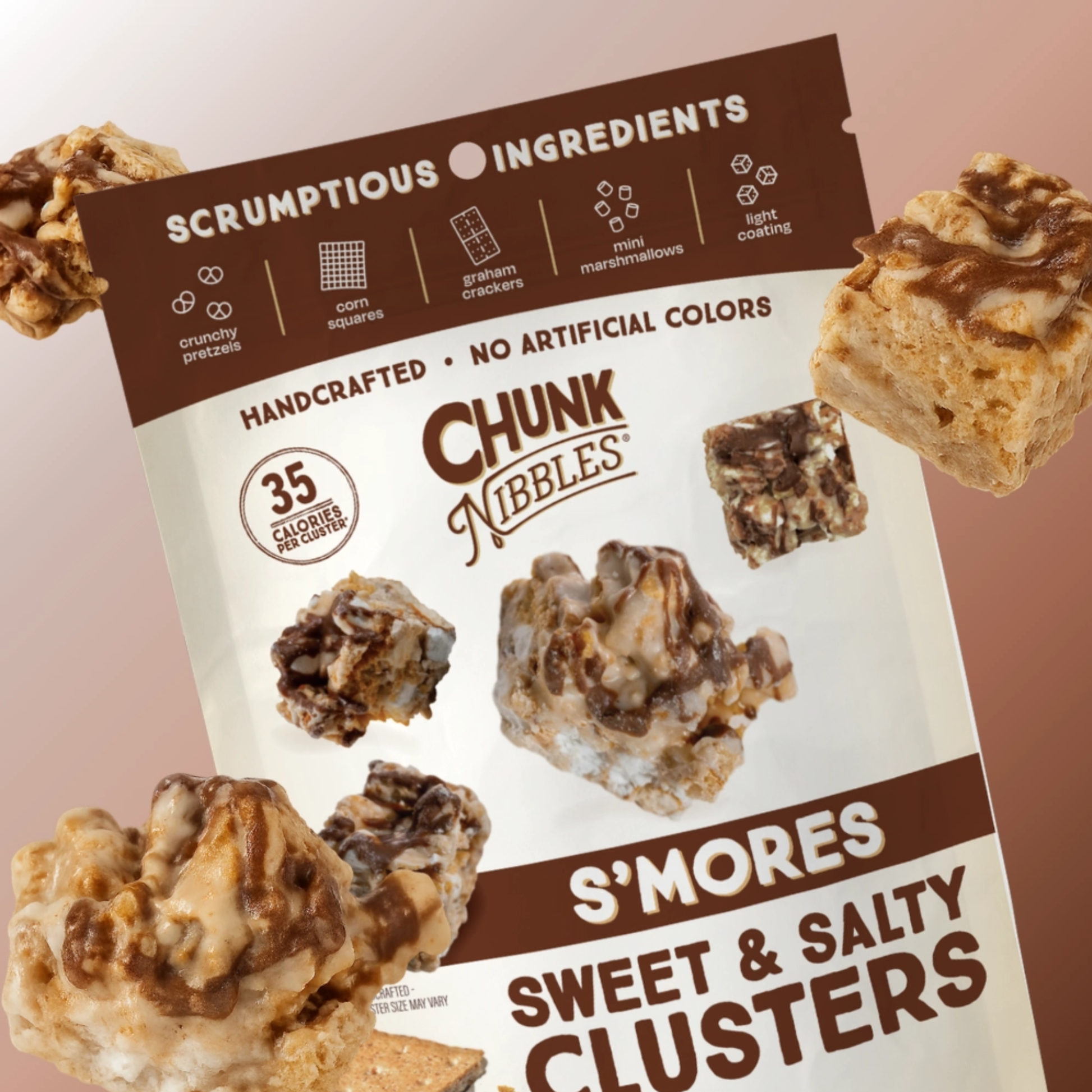 a bag of chunk nibbes s'mores sweet and salty clusters with. a ba=rown background