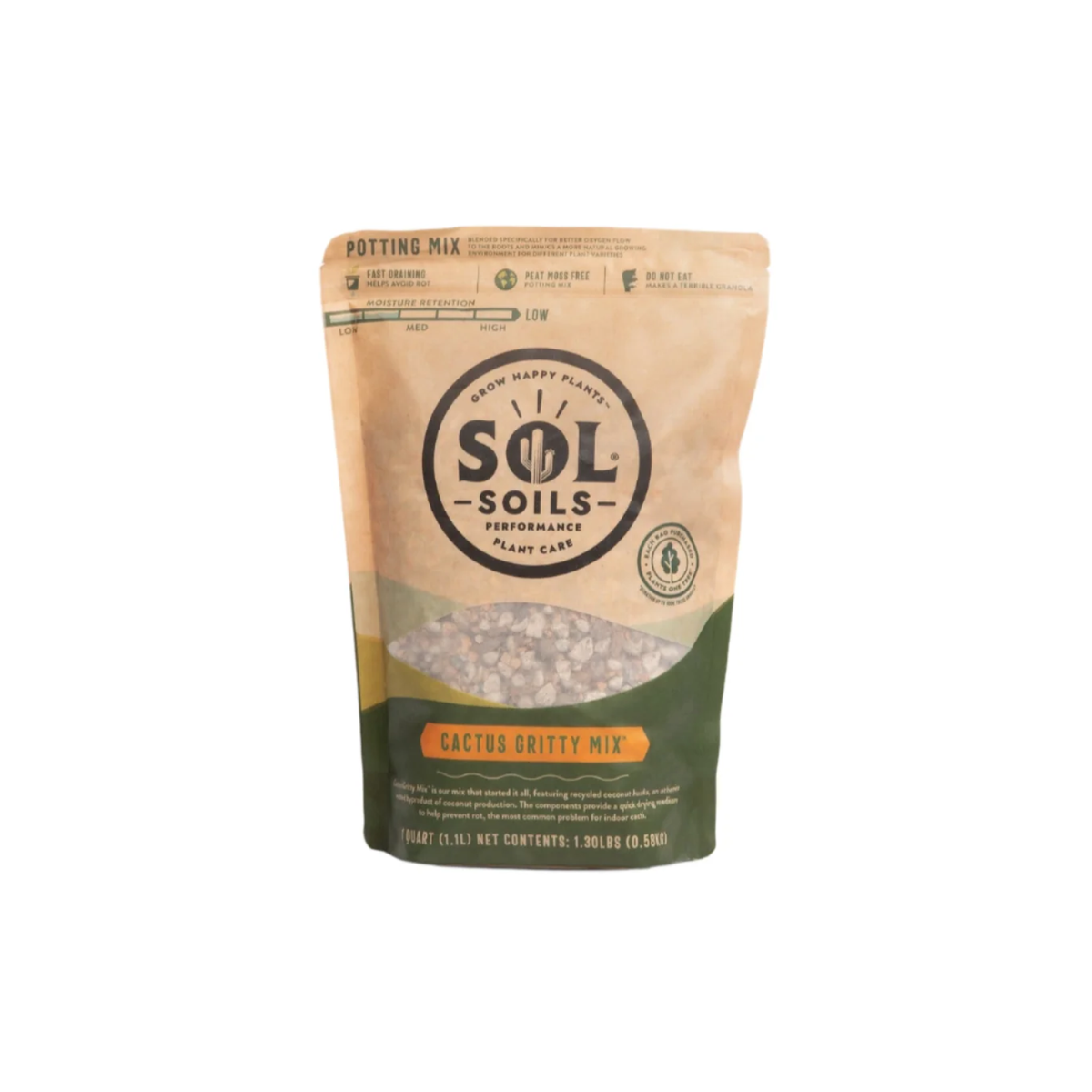 a tan bag of sol soils cactus gritty mix standing with a white background