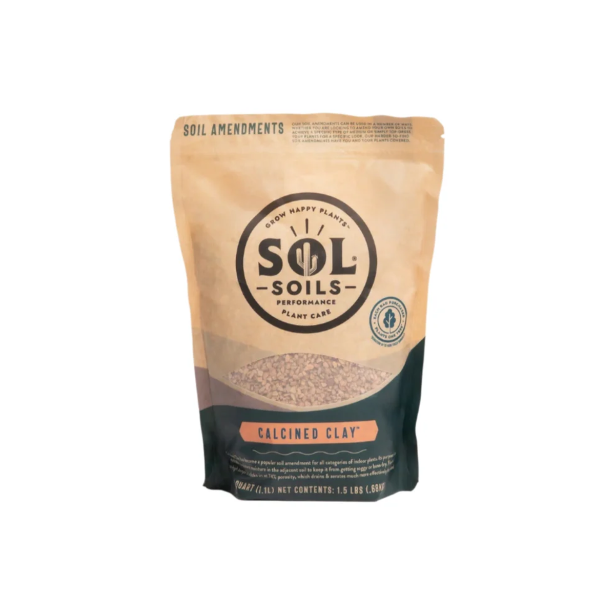 a tan bag of sol soils calcined clay standing with a white background