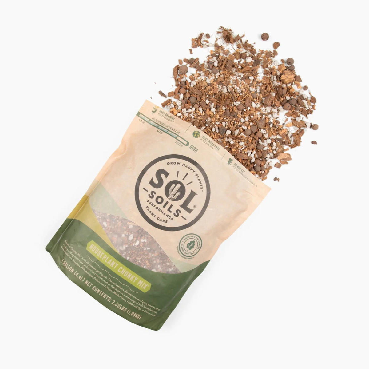 a tan bag of sol soil chinky houseplant mix laying down with its contents spilled on the white background