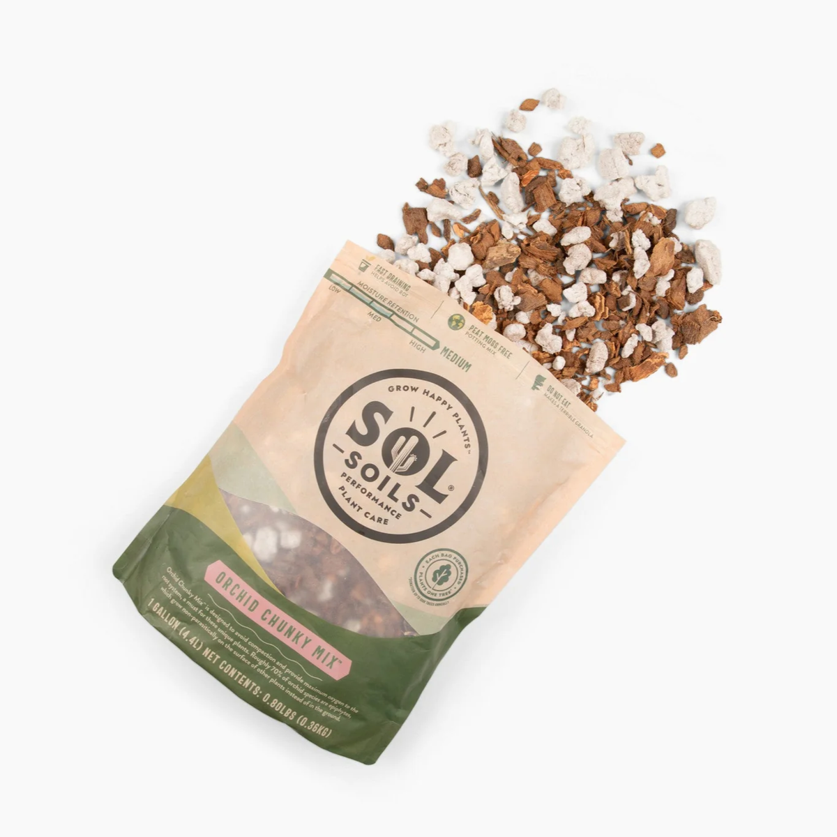a tan bag of sol soils orchid chunky mix laying down with its contents spilled onto the white background