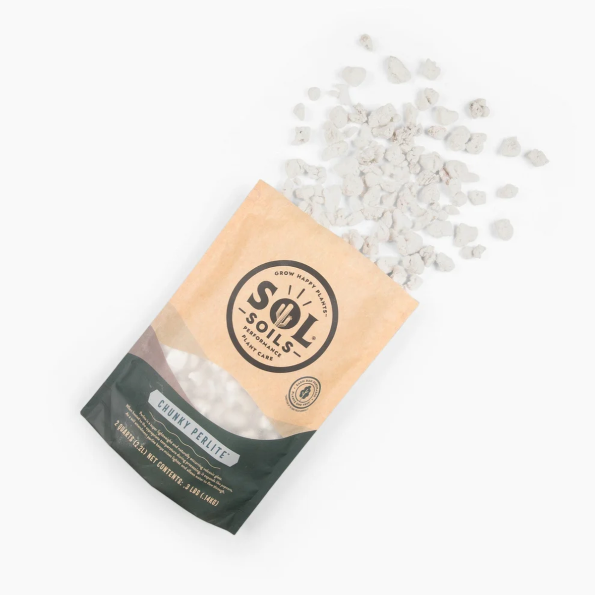 a tan bag of sol soils chunky perlite laying down with its white rock like contents spilled onto the white background