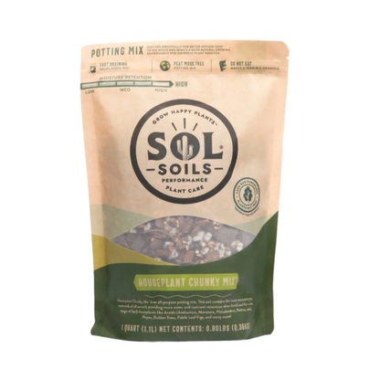a tan bag of sol soils chunky houseplant mix standing with a white background