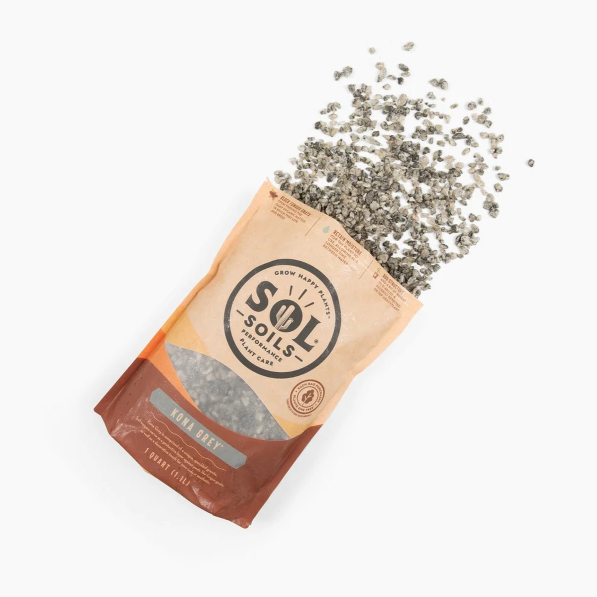 a tan bag of sol soils Kona grey soil topper with its grey contents spilled onto the white background