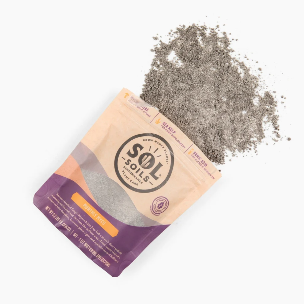 a tan bag of sol soils monthly Myco soil topper laying down with its sand like contents spilled onto the white background