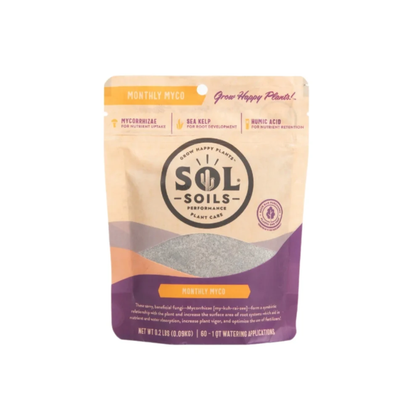 a tan bag of sol soils monthly Myco soil topper standing with a white background