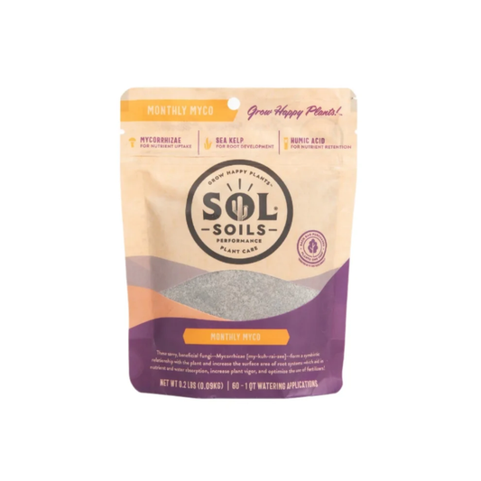 a tan bag of sol soils monthly Myco soil topper standing with a white background
