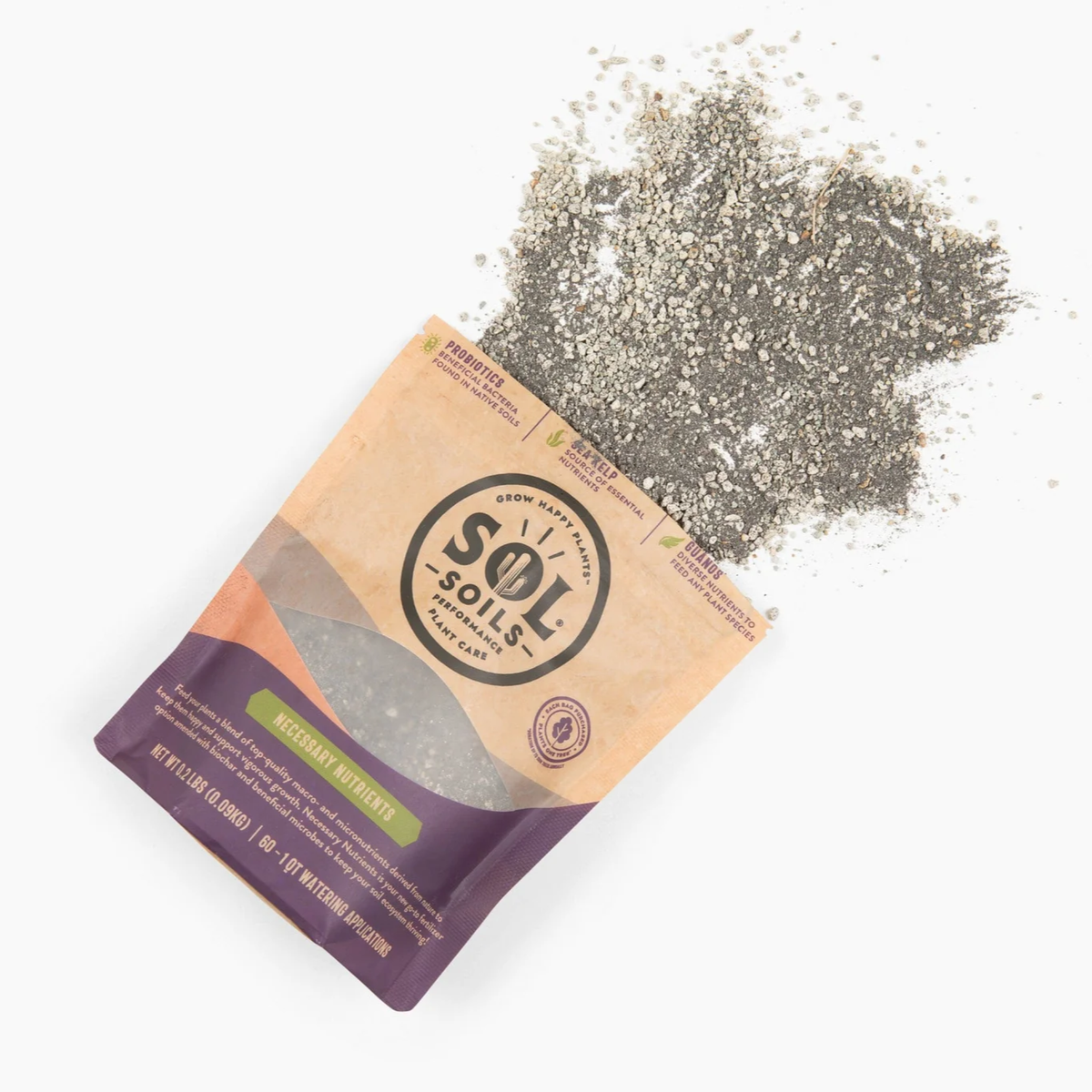 a tan bag of sol soils necessary nutrients laying down with its contents spilled onto the white background