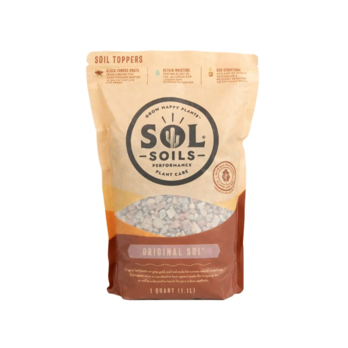 a tan bag of sol soils original sol standing with a white background