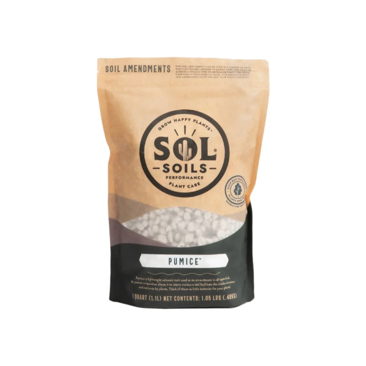 a tan bag of sol soils pumice standing with a white background