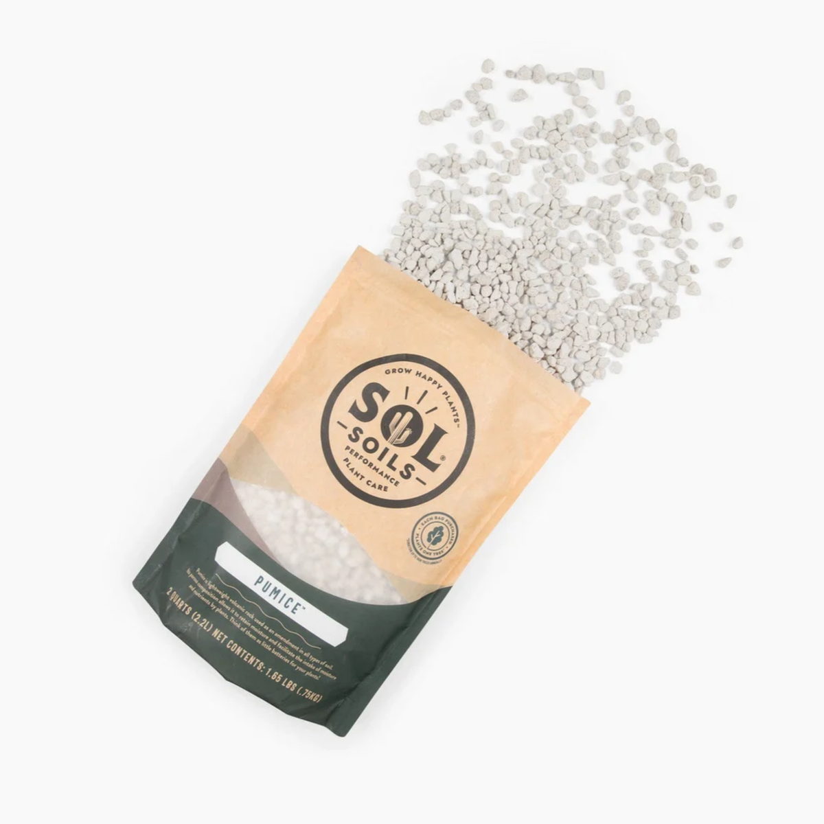 a tan bag of sol soils pumice with its white rock like contents spilled not the white background