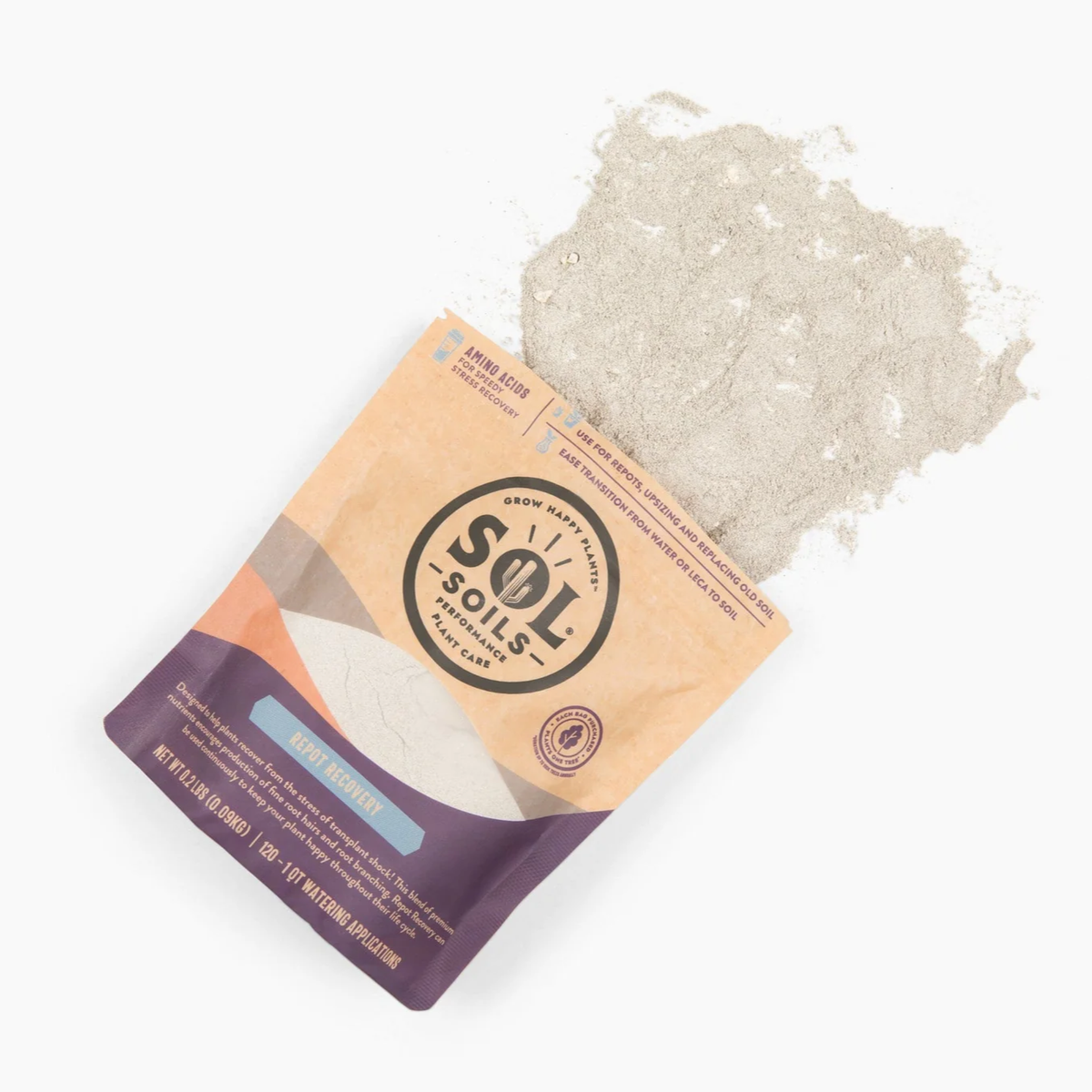 a tan bag of sol soils repot recovery laying down with its sand like content spilled onto the white background