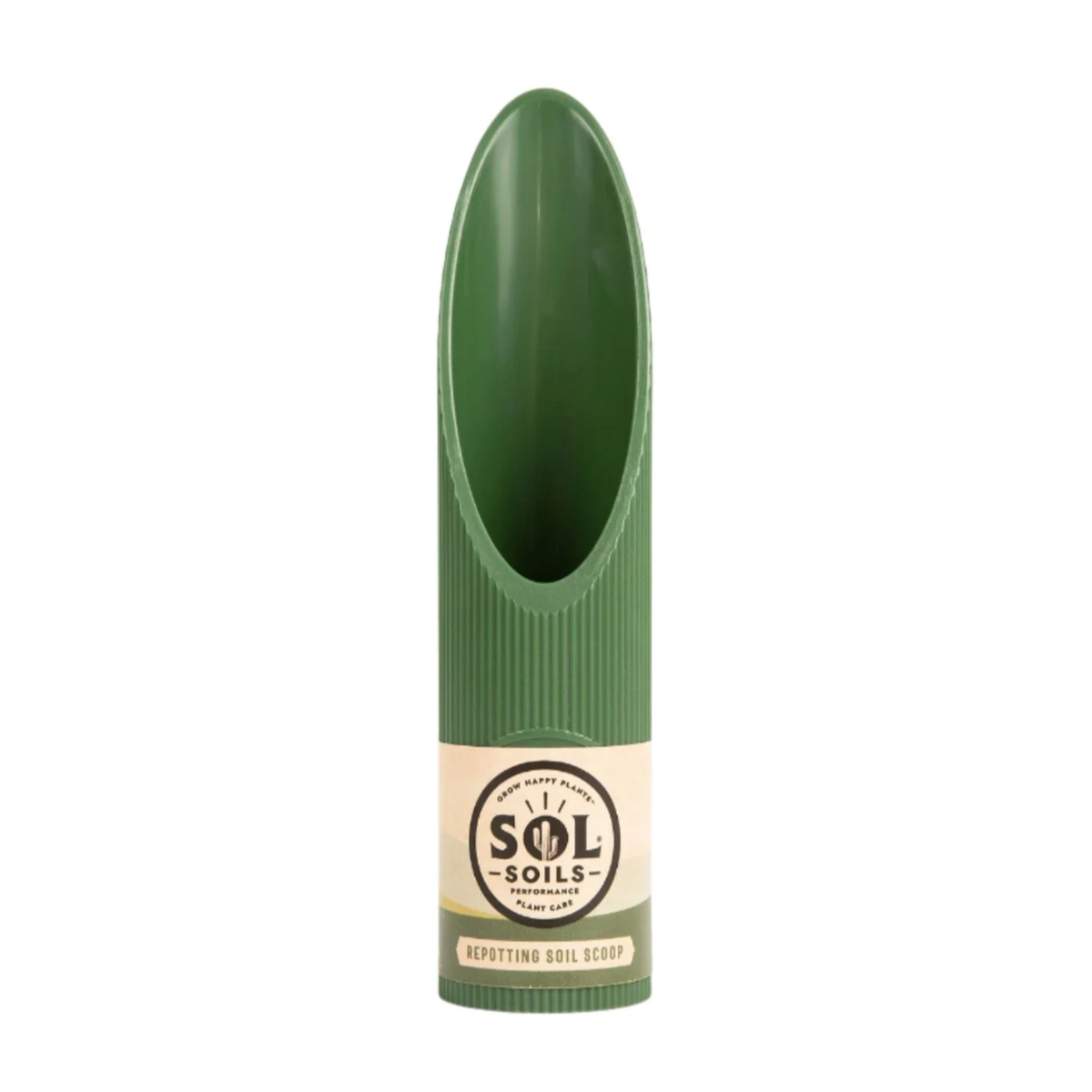 a green sol repotting scoop with a bamboo look and a tan label