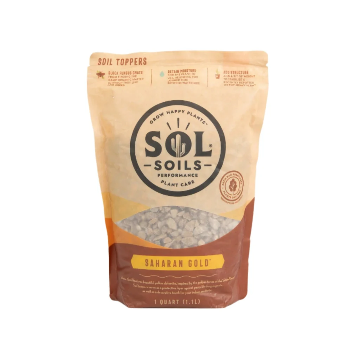 a tan bag of sol soils saharan gold soil topper standing with a white background