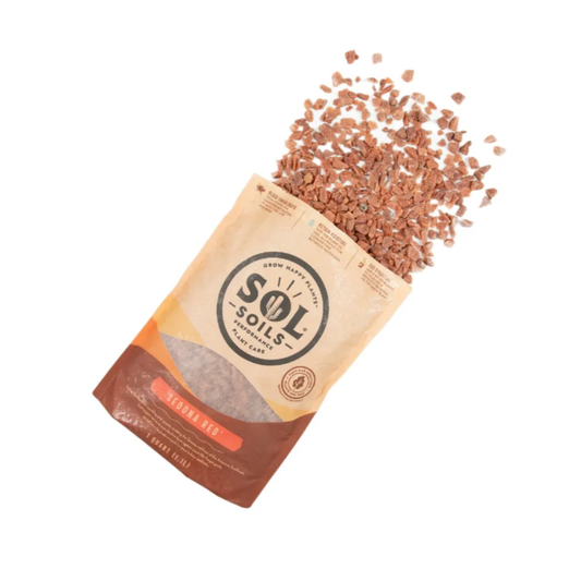 a tan bag of sol solid sedona red soil topper with the contents spilled onto the white background