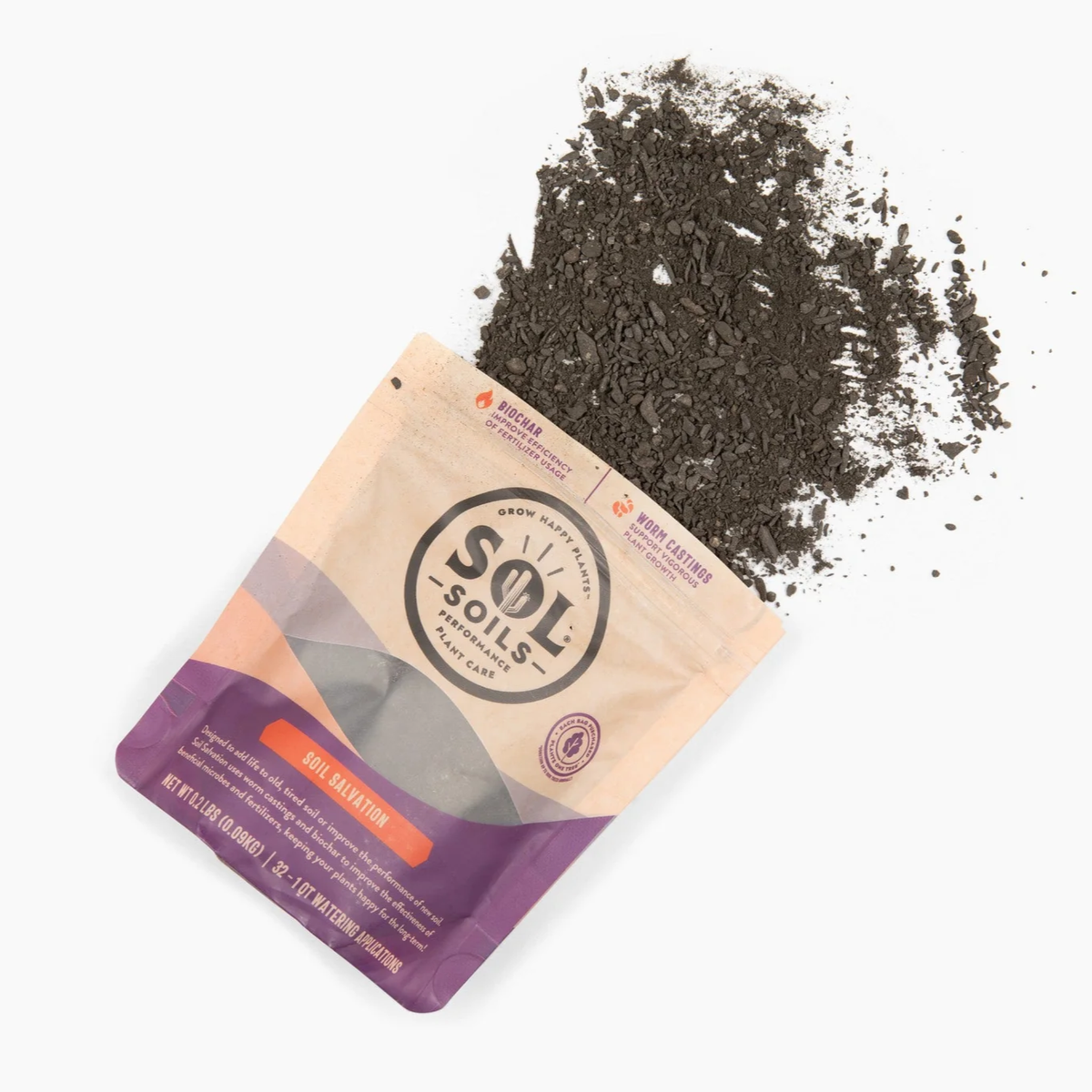 a tan bag of sol soils soil salvation laying down with its contents spilled onto the white background
