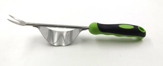 A stainless steel rocker weeder with a green and black handle designed for gardening, displayed against a white background.