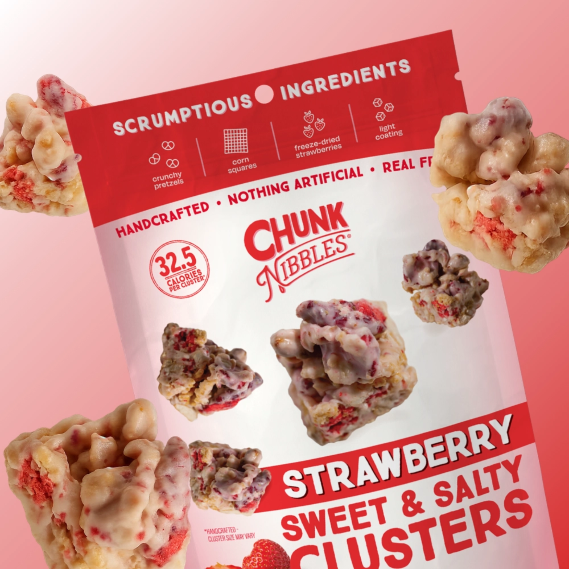 a bag of chunk nibbles strawberry sweet and salty clusters with a pink background