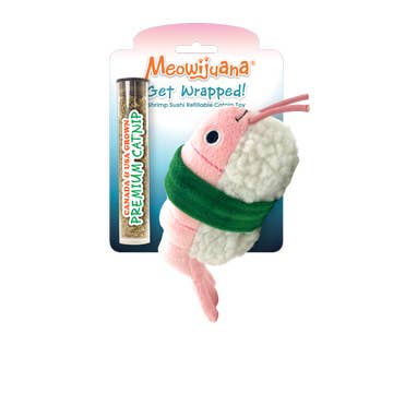 A refillable catnip toy shaped like a sushi roll with a compartment for refilling, packaged on a pink and blue cardboard backing.