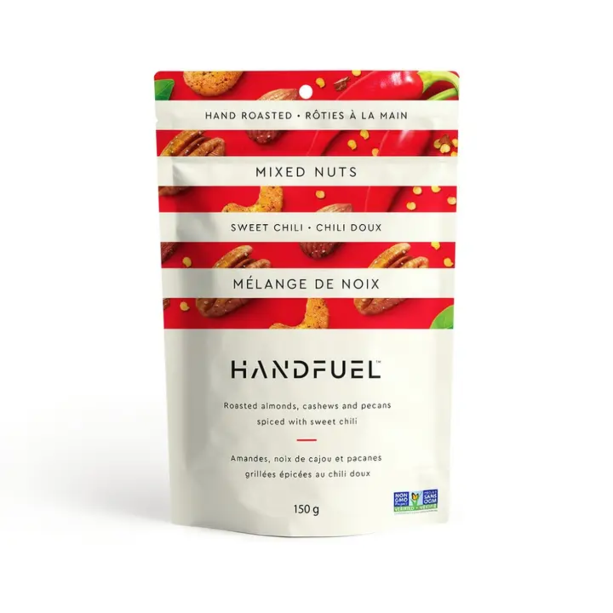a bag of handfeul hand roasted sweet chili mixed nuts with an image of chili peppers and mixed nuts against a white background