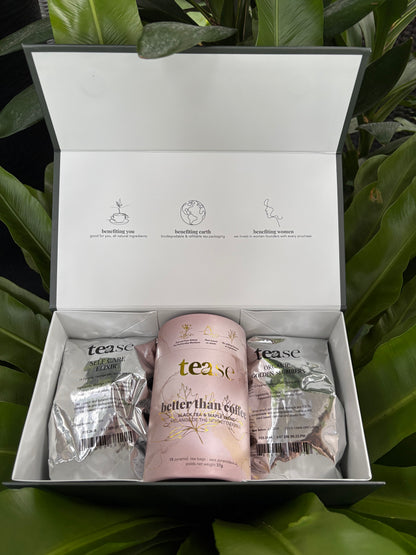 tea gift box set with 1 tea can and 2 refill bags against a leafy background