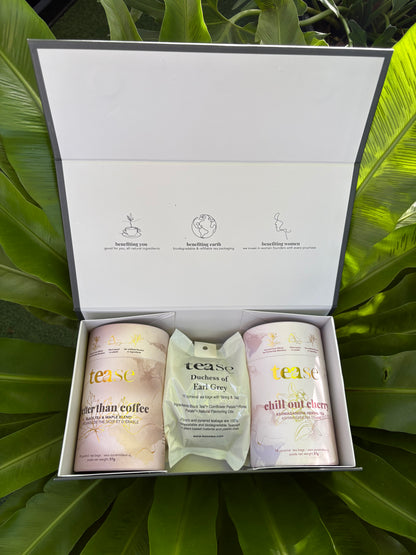 tease tea gift box with two tea cans titles better than coffee and chill out cherry and a refill tea bag of Duchess of earl grey