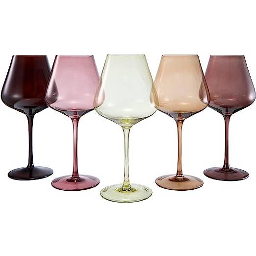 A set of fivd wine glasses in different  colors, including clear, pink, yellow, and red options, each with a matching stem.