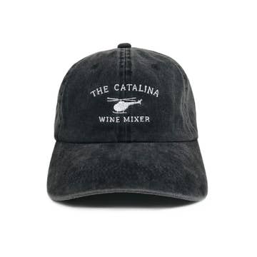 classic ball cap grey in colour with white text saying 'the catalina wine mixer' with a helicopter in the middle