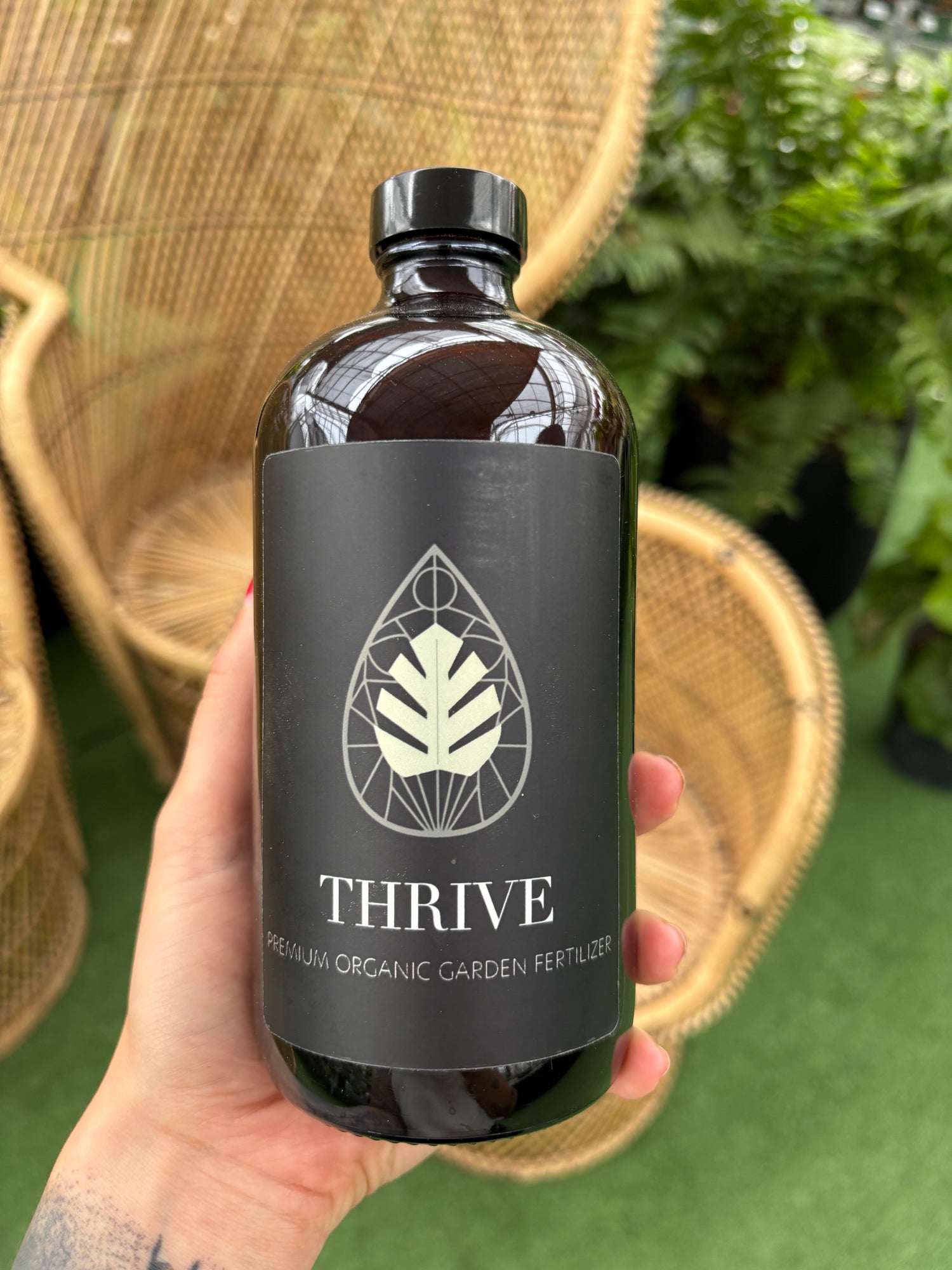 hand holding bottle of thrive premium organic fertilizer in front of blurred background
