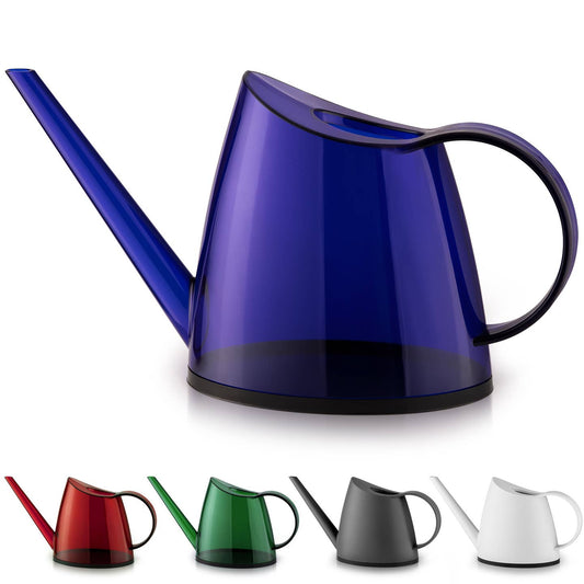 A collection of watering cans in various colors including blue, red, green, white, and black.