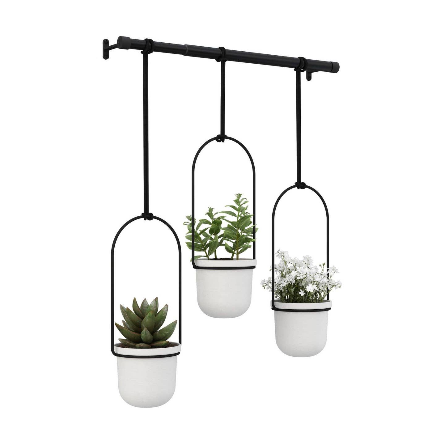 A set of three white cylindrical hanging planters with green plants, suspended from a black rod.