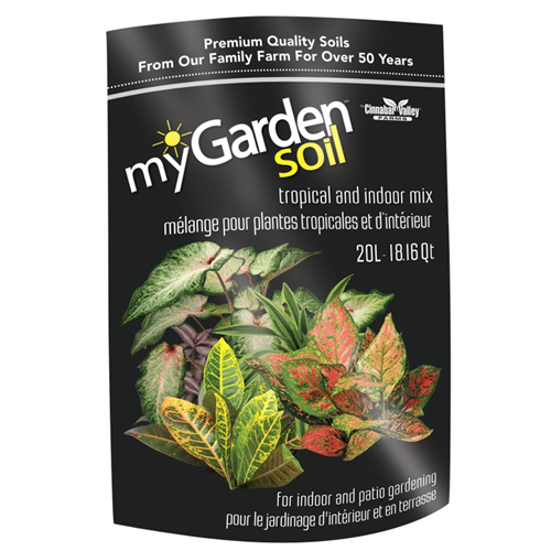 A bag of myGarden brand tropical and indoor mix soil, designed for both indoor and patio gardening, with a 20L quantity indicated.