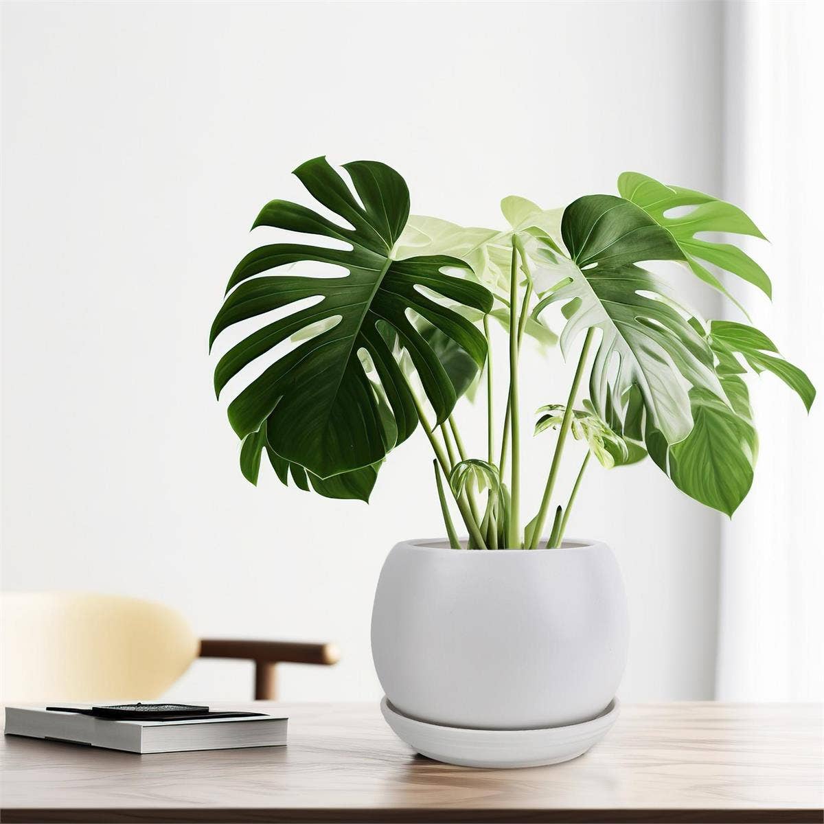 a monstara plant planted in a true designs white ceramic planter